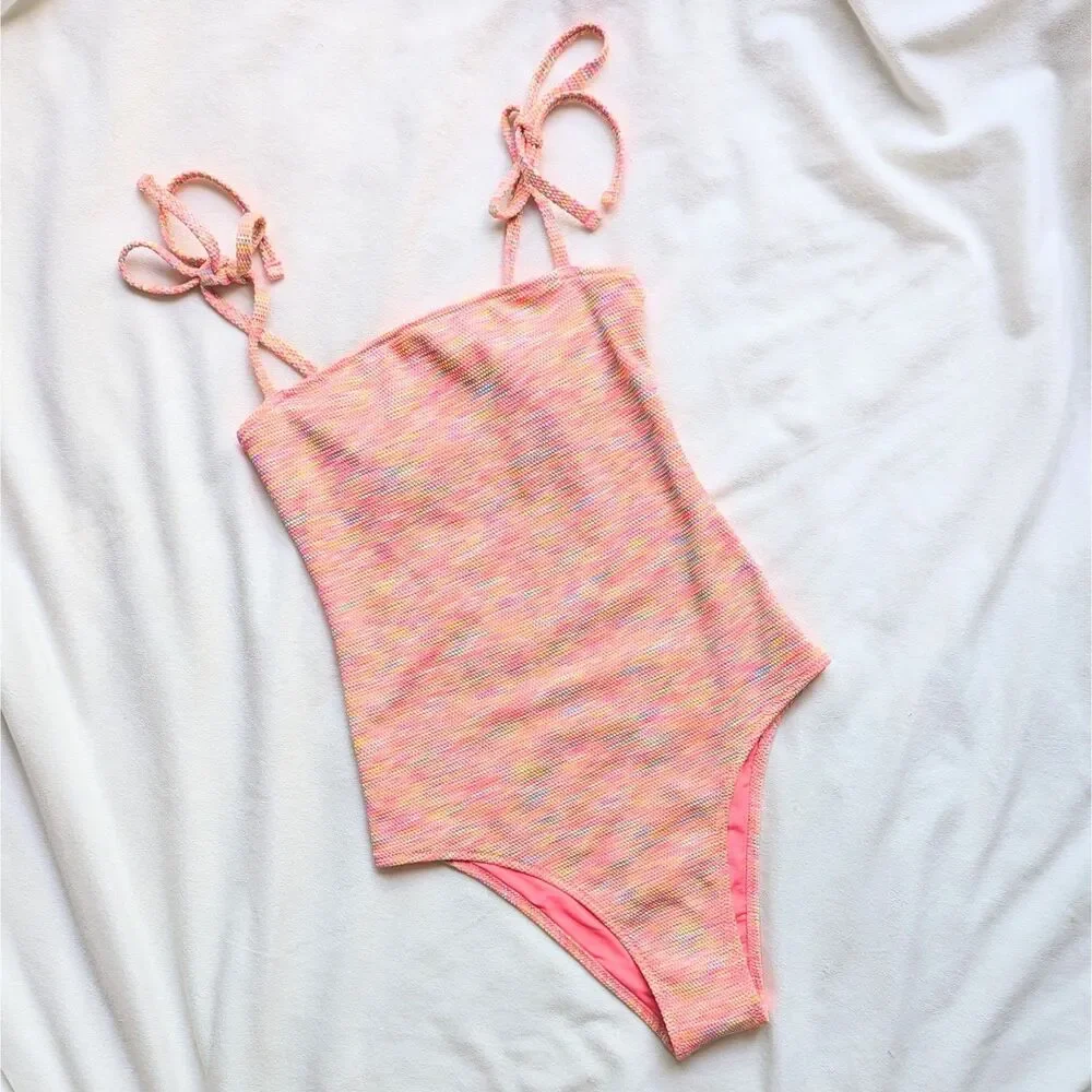 Aerie Pink Coral Space Dye Pique Bandeau One Piece Swimsuit XS Cheeky Cut New